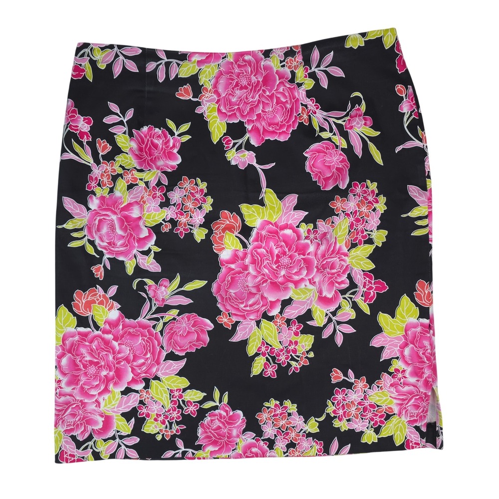 Dressbarn Skirt Womens 16W Black Pink Floral‎ Cotton Pencil Side Slit Summer